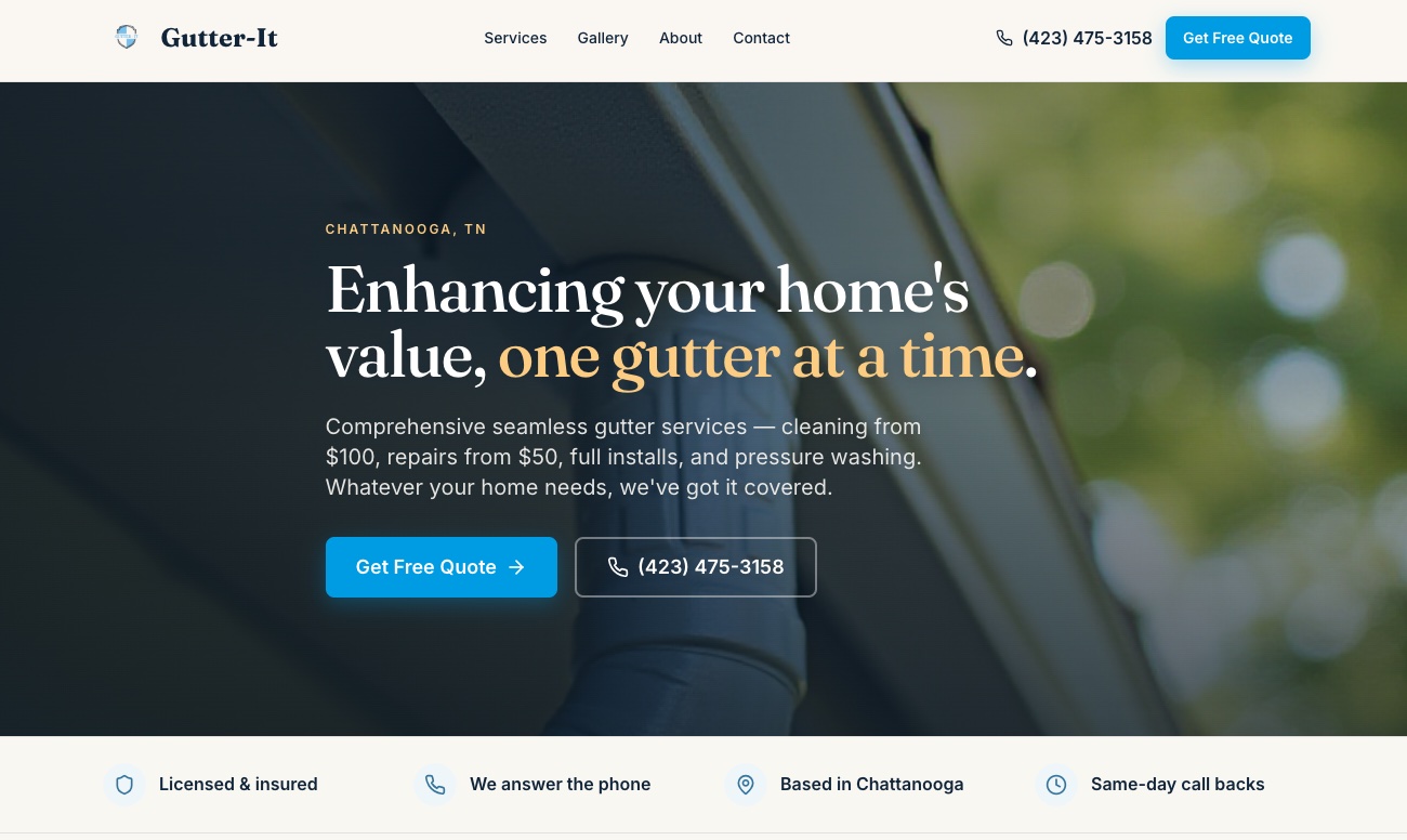 The new Gutter-It homepage hero — "Enhancing your home's value, one gutter at a time" with brand-matched navy and sky-blue palette, call-to-action, and phone number above the fold.