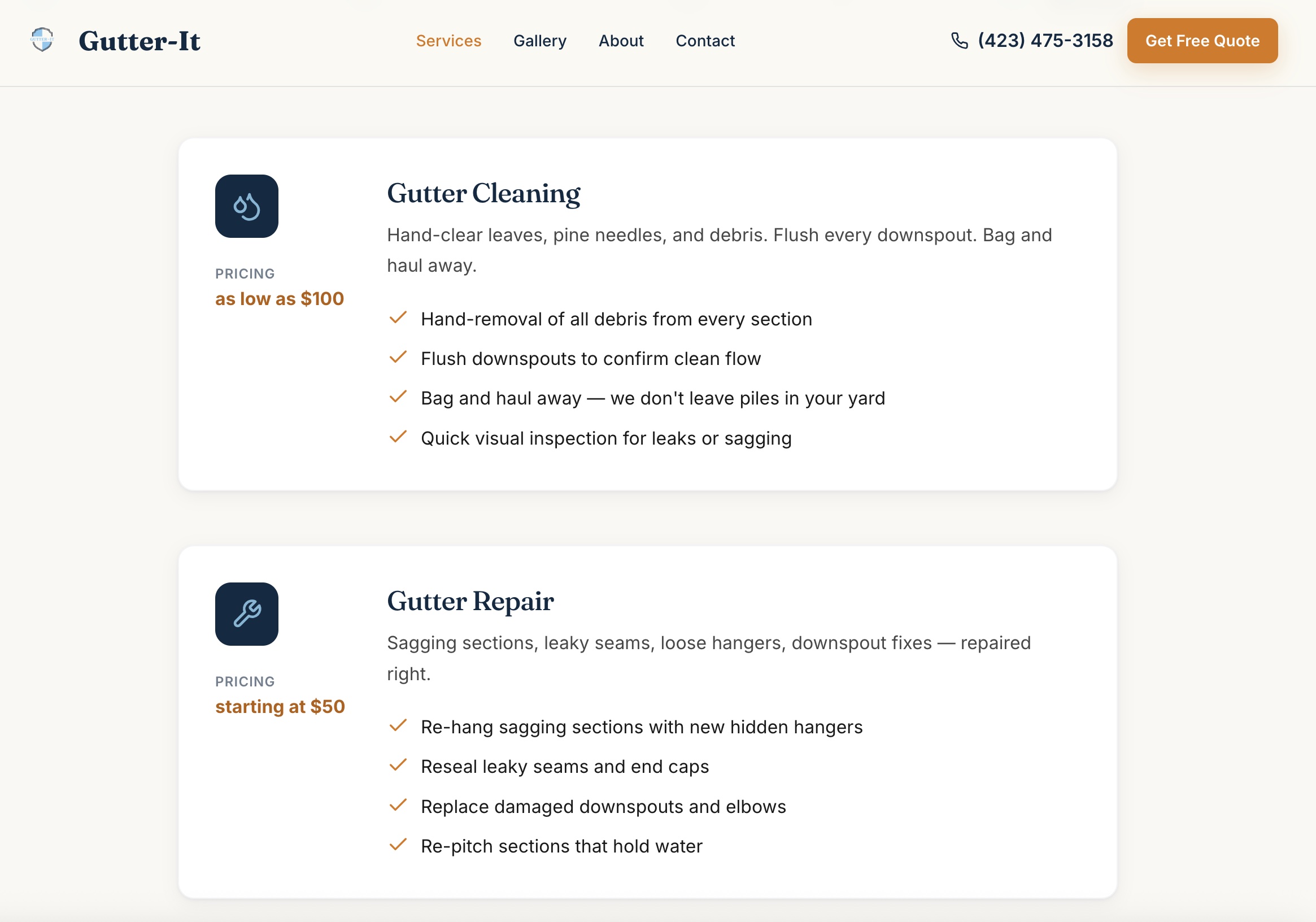 The new Gutter-It services page — proper service cards for gutter cleaning, repair, installation, and pressure washing with descriptions, what's included, and clear pricing.
